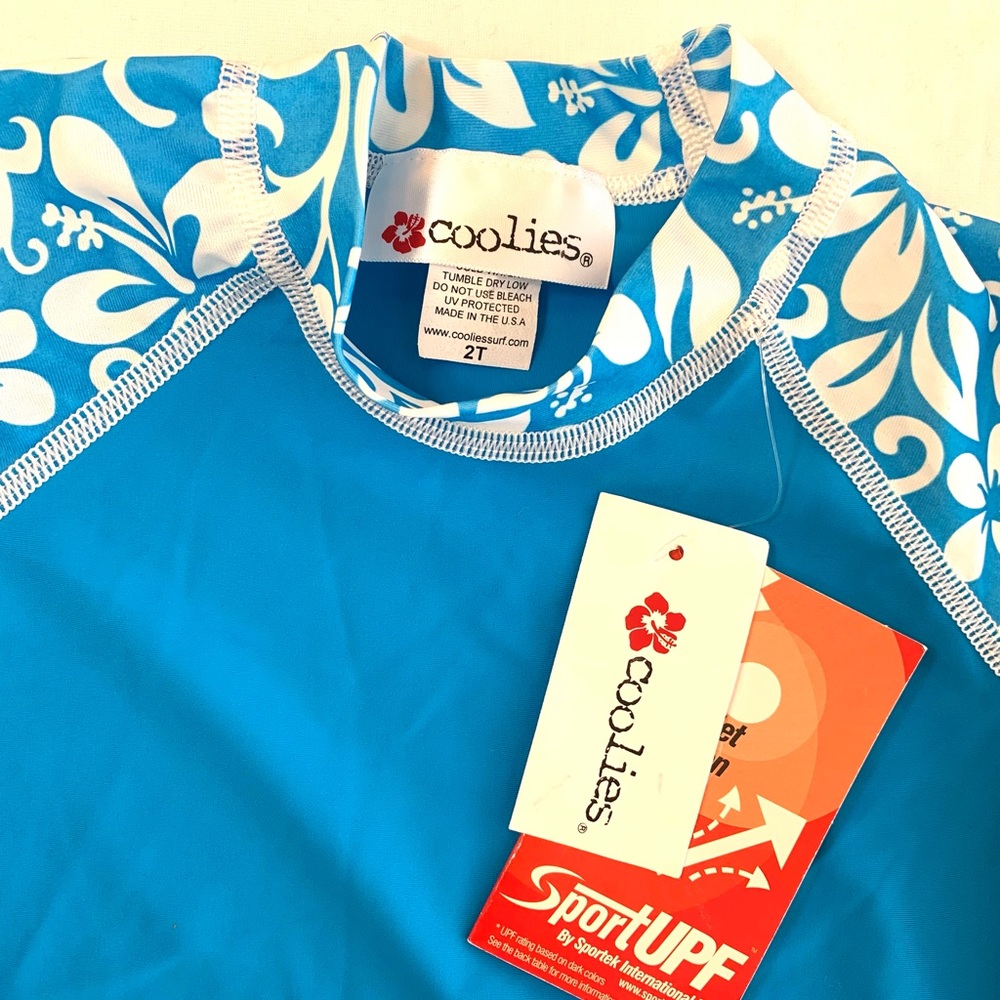 Rash guard 2 pc Girls 2T shirt and ruffle bikini bottom blue & white new SPF 50+